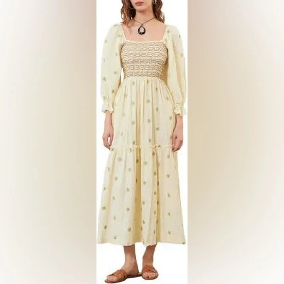 Free People | Dresses | Free People Dahlia Embroidered Gauzy Smocked Puff  Sleeve Maxi Dress Size M | Poshmark